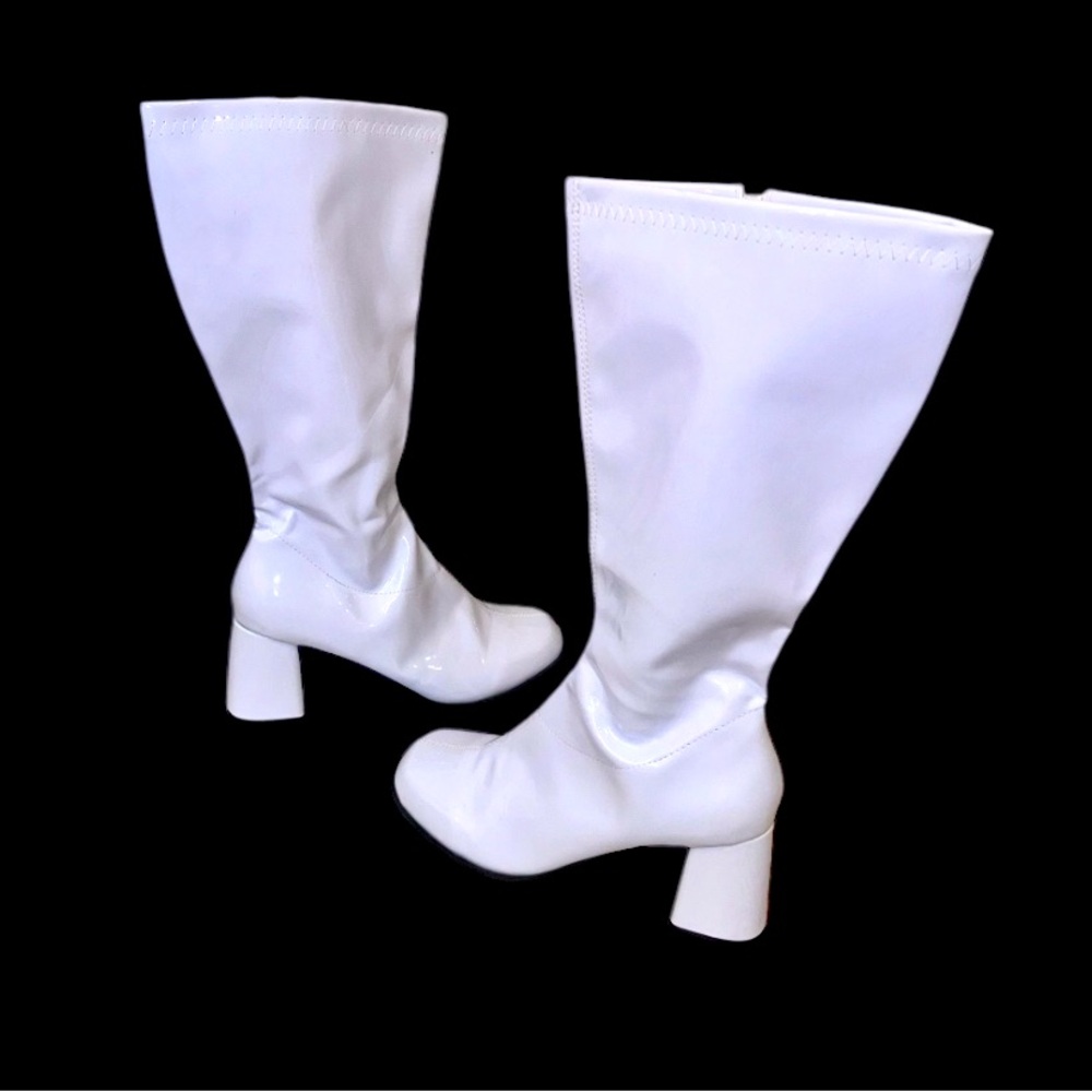ELLIE white Patent tall 3in block heel GO GO  BOOTS WOMEN’S size XL 10 11